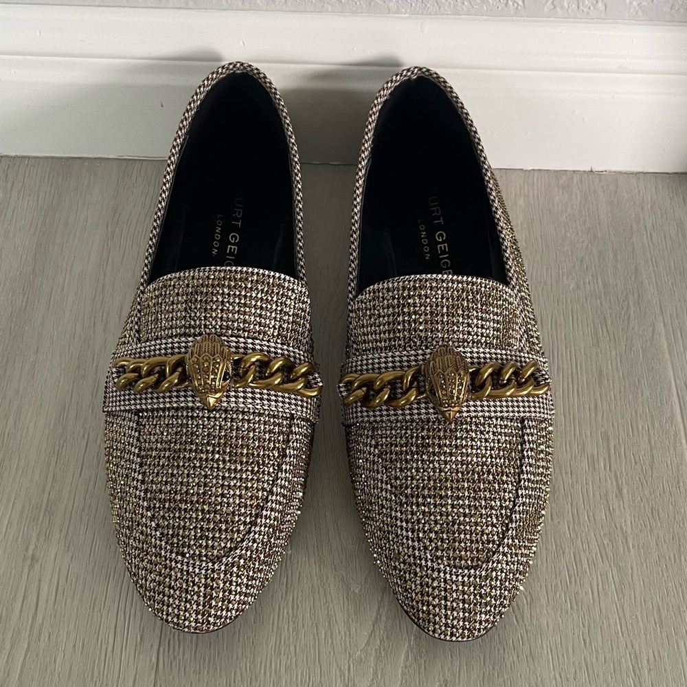 NWOT Kurt Geiger Gold Chelsea Leather Loafers, size 40 (9) women’s glam flats